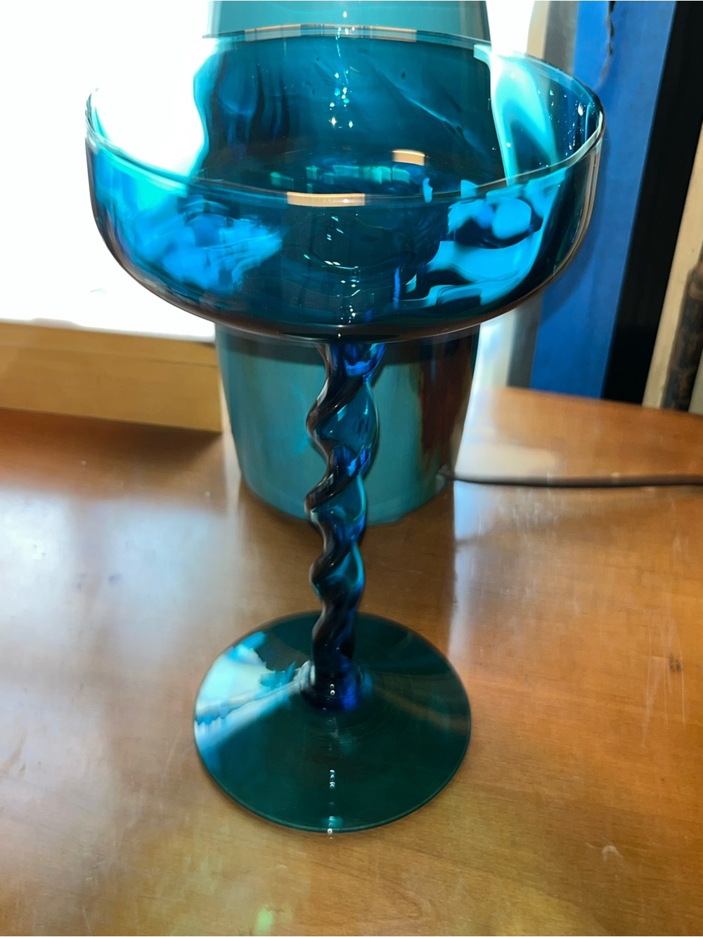 MCM Mid Century Blue Optic Art Glass Compote Twisted Stem Bowl Italy Empoli VTG